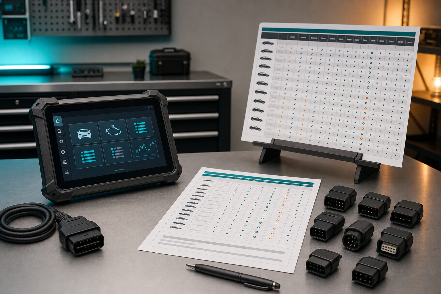 OBD2 scanner, connector adapters, and coverage checklist arranged on an automotive diagnostic bench